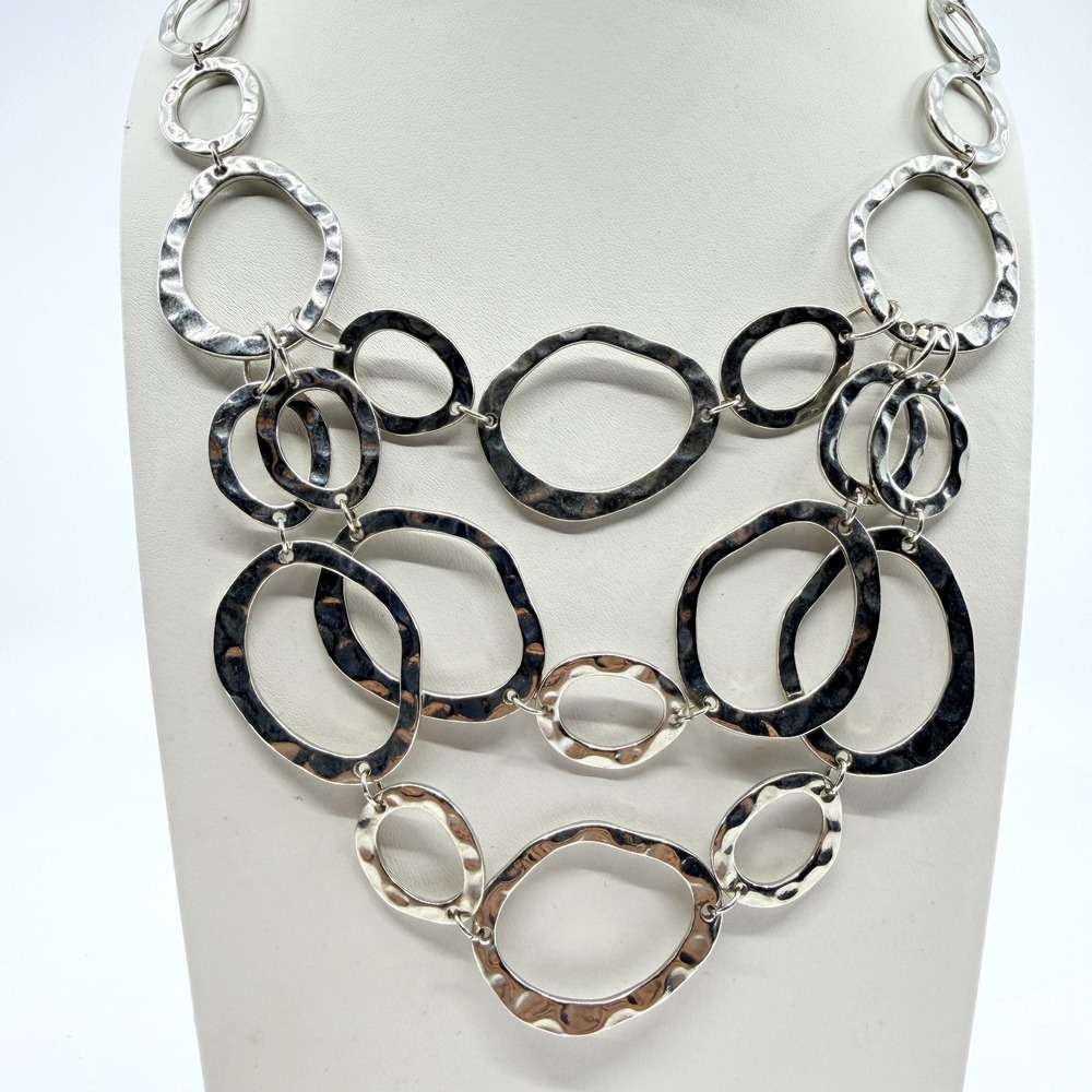 VTG Silver Tone Hammered Multi Strand Bib Necklace Open Ovals Y2K Boho Classic